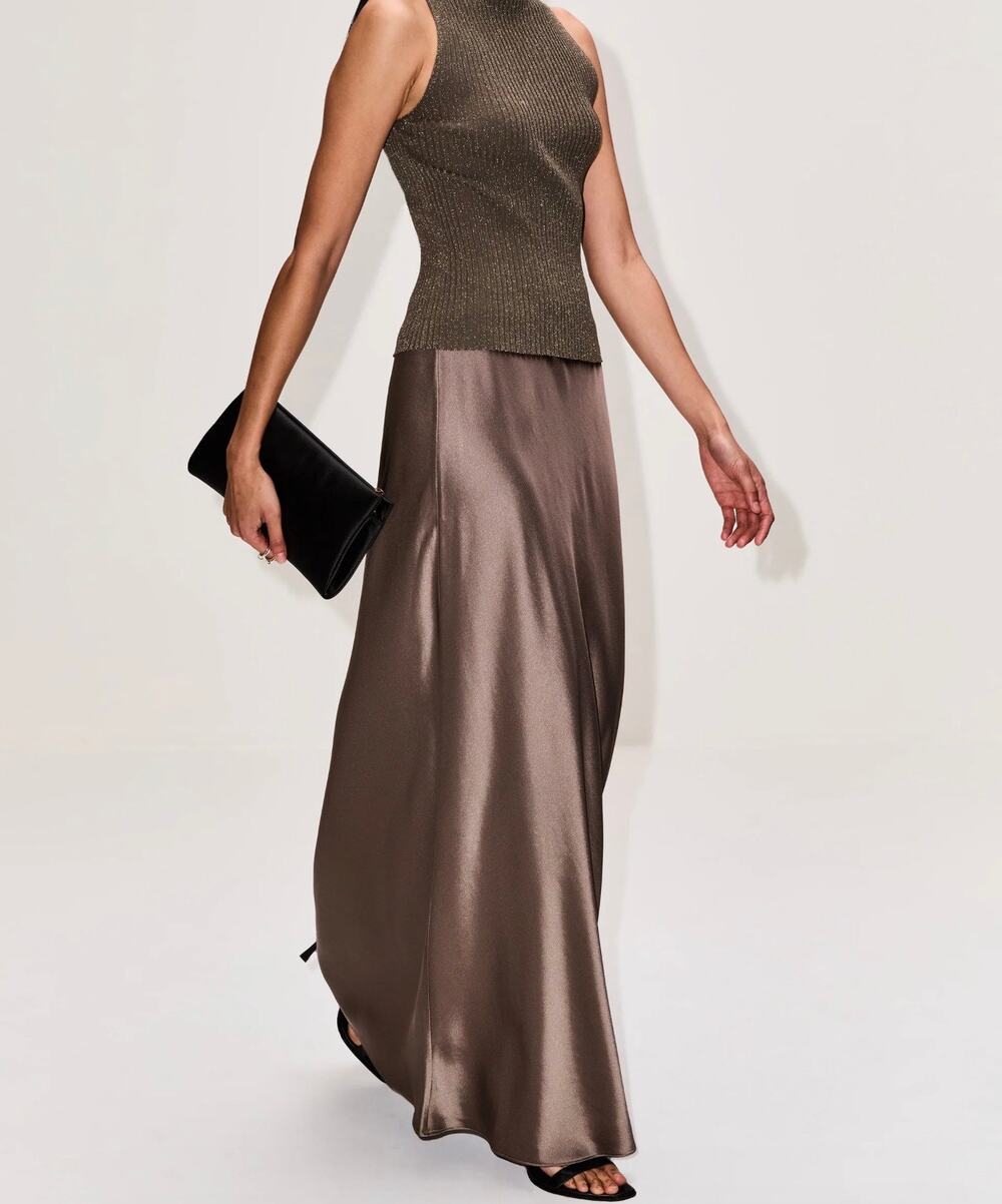 NWT LESET Barb Bias Maxi Skirt Taupe Size M Satin Acetate Made in USA